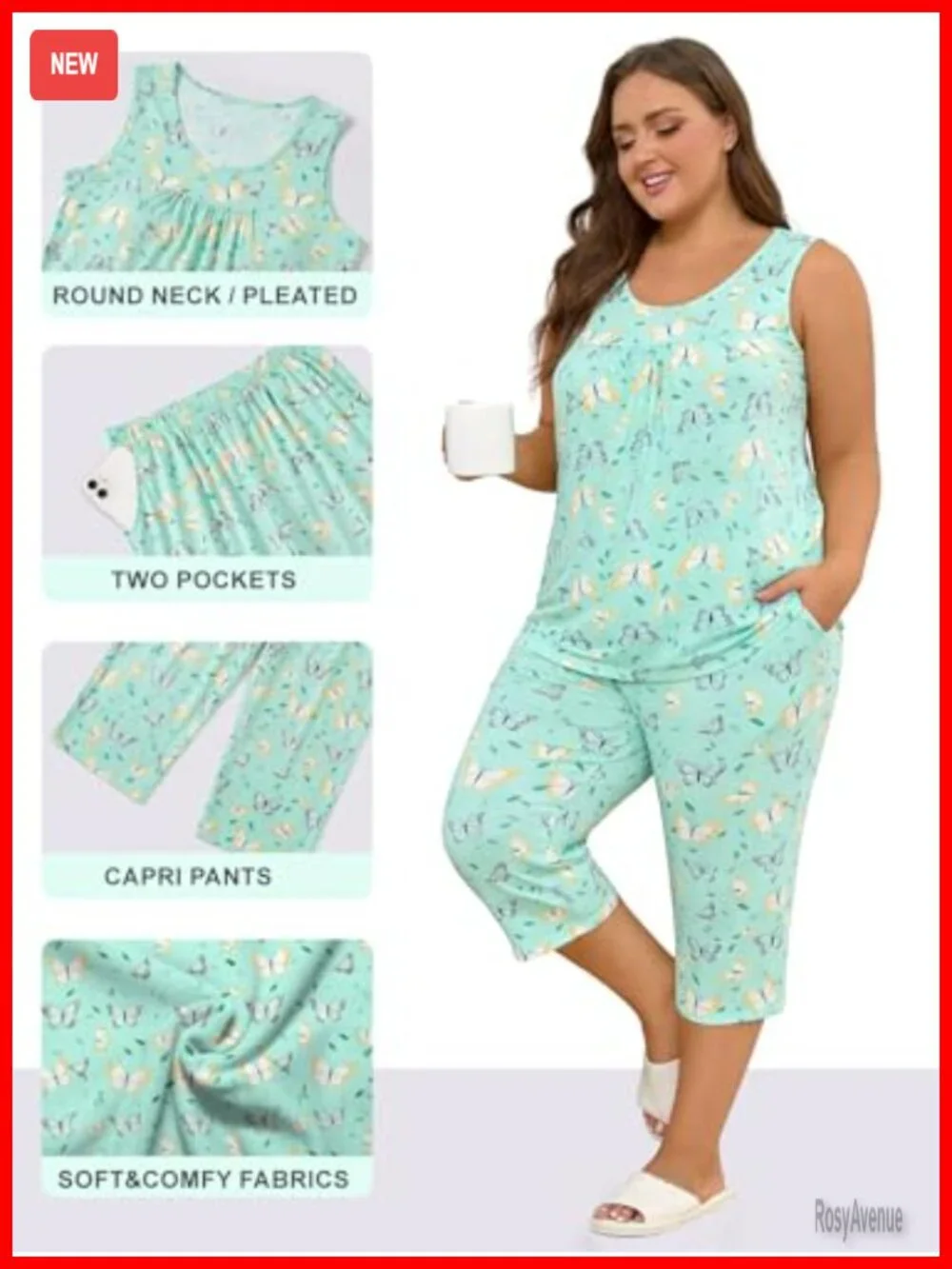 Women's Sleeveless Capri Pajama Set with Pockets - Soft Rayon Lounge Set